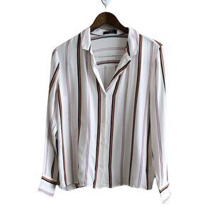 Bershka Button Down Striped Long Sleeve Semi Sheer Blouse Shirt White